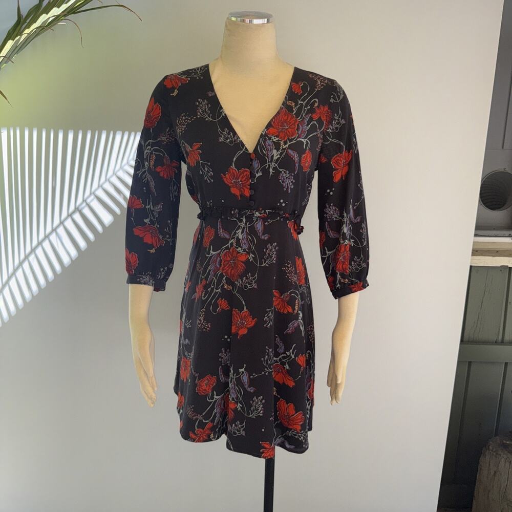 Madewell Windblown Poppies Dress Womens Size 2 Silk Ruffle Waist Black Floral S